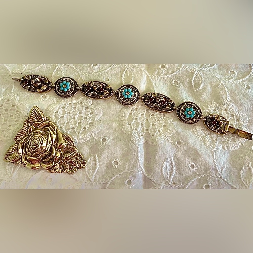 Gold Rose Motif Brooch with Turquoise Accent Bracelet